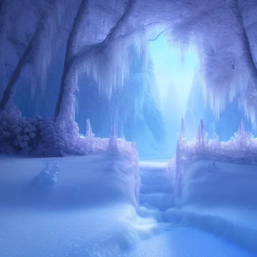 ethereal winter flowers, carved ice door at the end of ice steps, magical atmosphere, Renato muccillo, Andreas Rocha, Johanna Rupprecht, Beardsley, Unreal render, cinematic blue --aspect 9:16 --s 2500