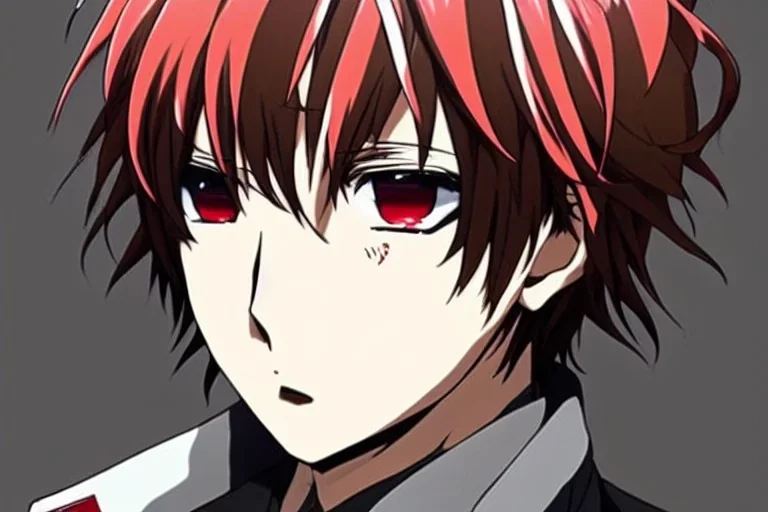 Detailed pretty anime boy, brown hair with blonde strips, keep head in frame, headshot, glaring, brown eyes, covered in bandages, looking serious, illustration, digital painting, only one character, color scheme red, wearing many bandages, Osamu Dazai inspired, anime inspired, manga, dazai, red hair, Chuuya, pretty, scruffy, angry, brooding, manga inspired, small nose, long lower eyelashes, handsome, widows peak, headshot, glaring, cute, wearing a bandage on neck, small nose, scruffy hair