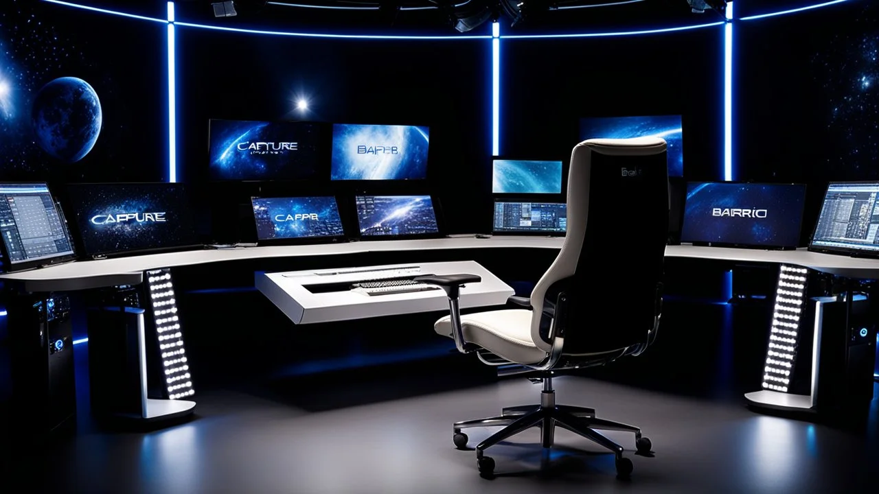 photo from a producer's chair in a futuristic studio with many monitors and one windows to the deep space,, the inscription capture word text on the back of the chair "Barbi", Professional photography, bokeh, natural lighting, canon lens, shot on dslr 64 megapixels sharp focus , blue-white lights