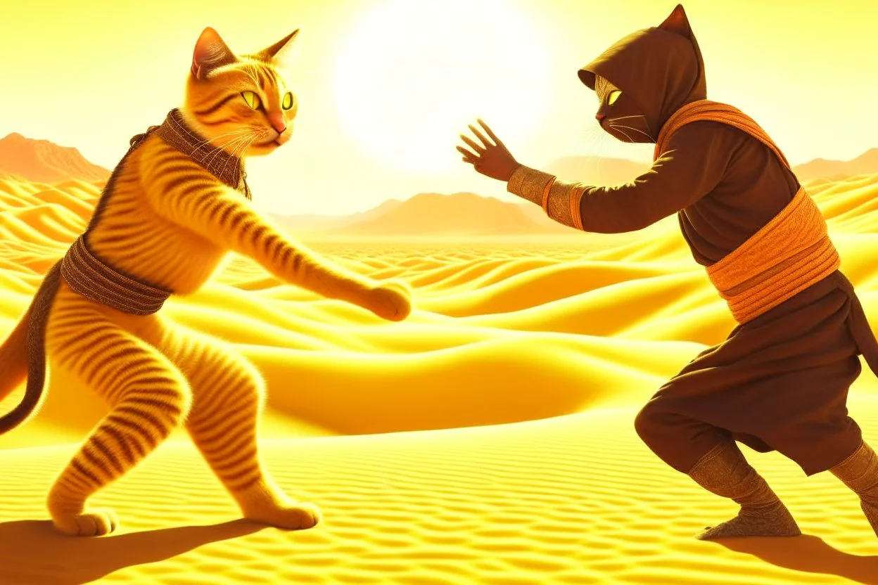 antropomorphic ninja cat fighting with a sheik in the desert in sunshine