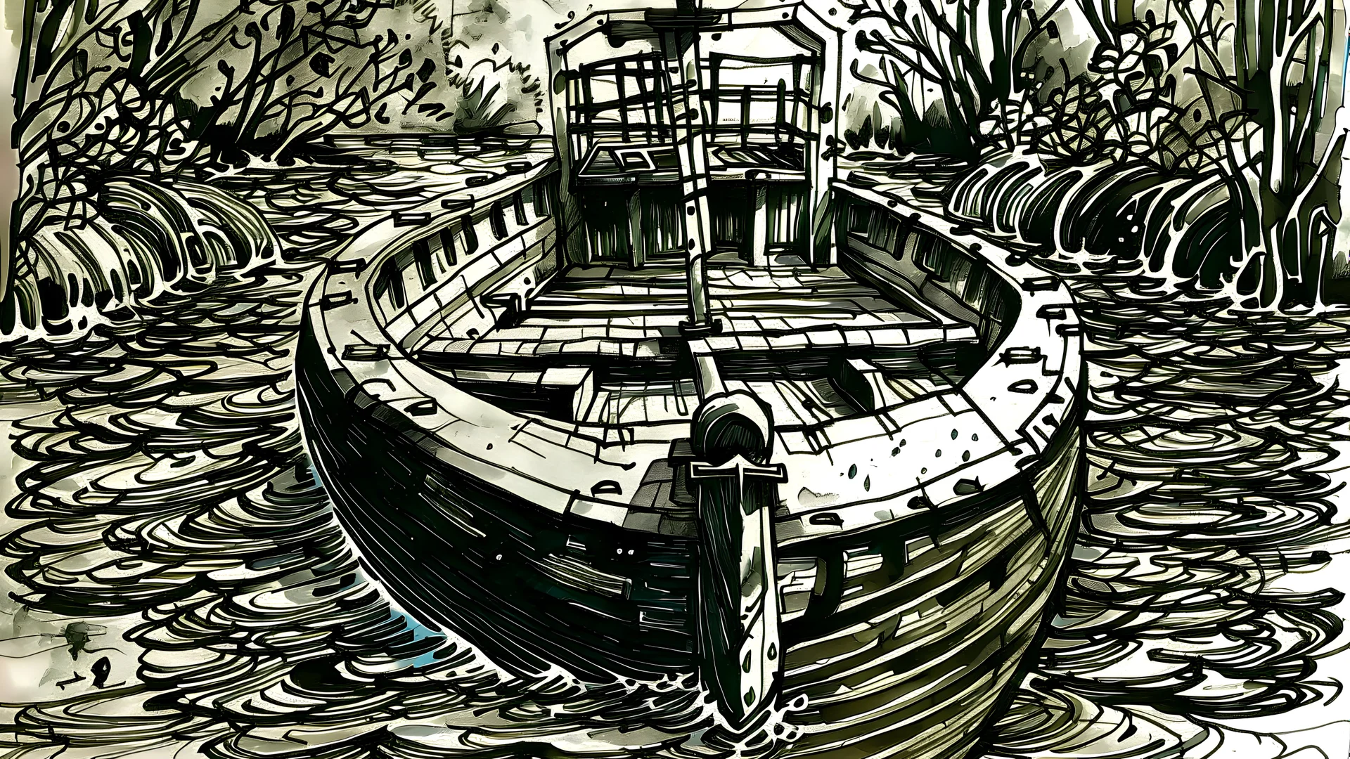 boat inside a lock ink art