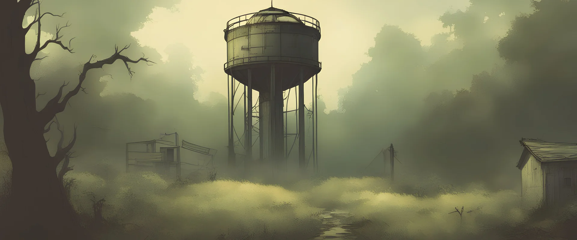 water tower, city overgrown, post-apocalyptic, comic book, forest, cinematic, from far away,