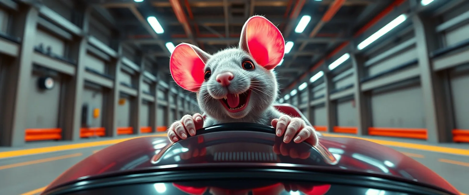 car driving happy 2d neon fluffy orc racer rat with human hands in the style of Escher and Giger and Fallout 4, pinhole cam, airbrush 3d rendering, on tv screen:A five-second cinematic single take in a clean industrial presentation hall.