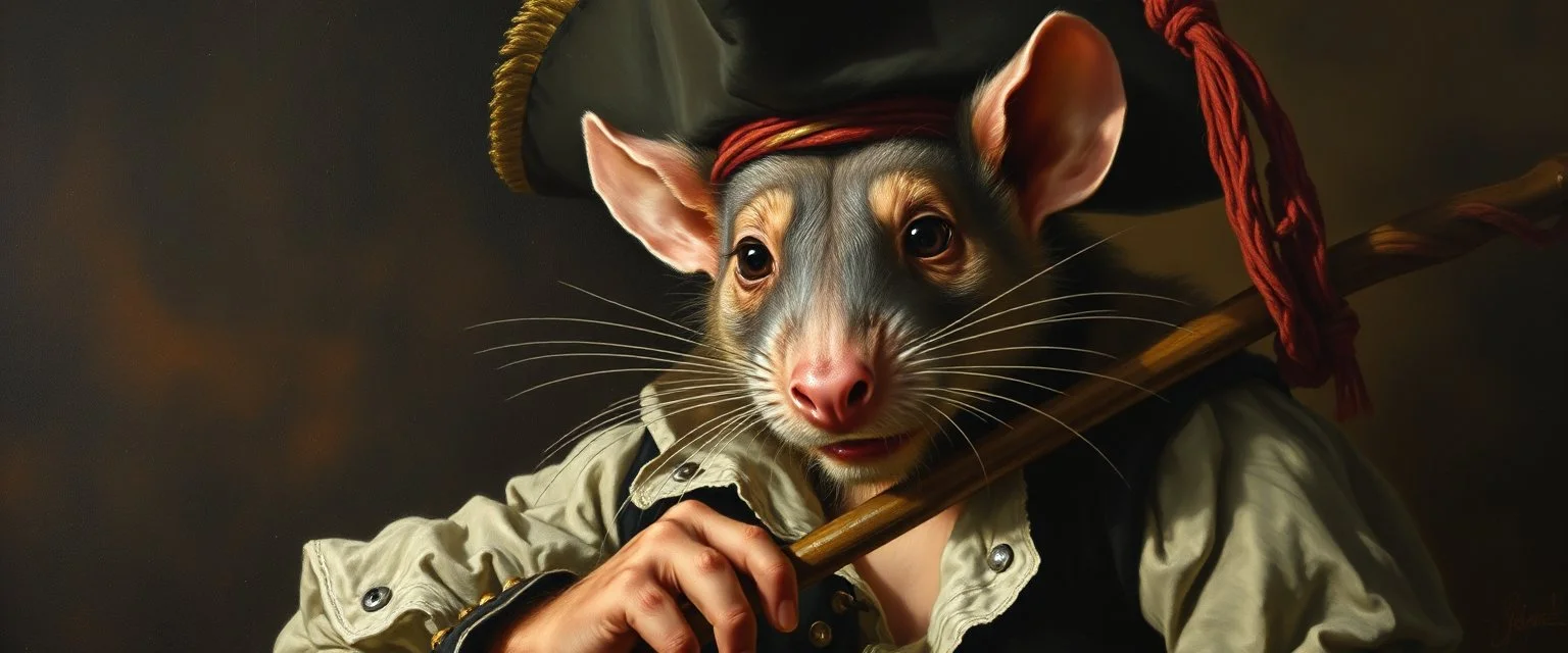 master oil painting by Rembrandt, good afternoon bitch scary hot seductive pirate rat swashbuckler