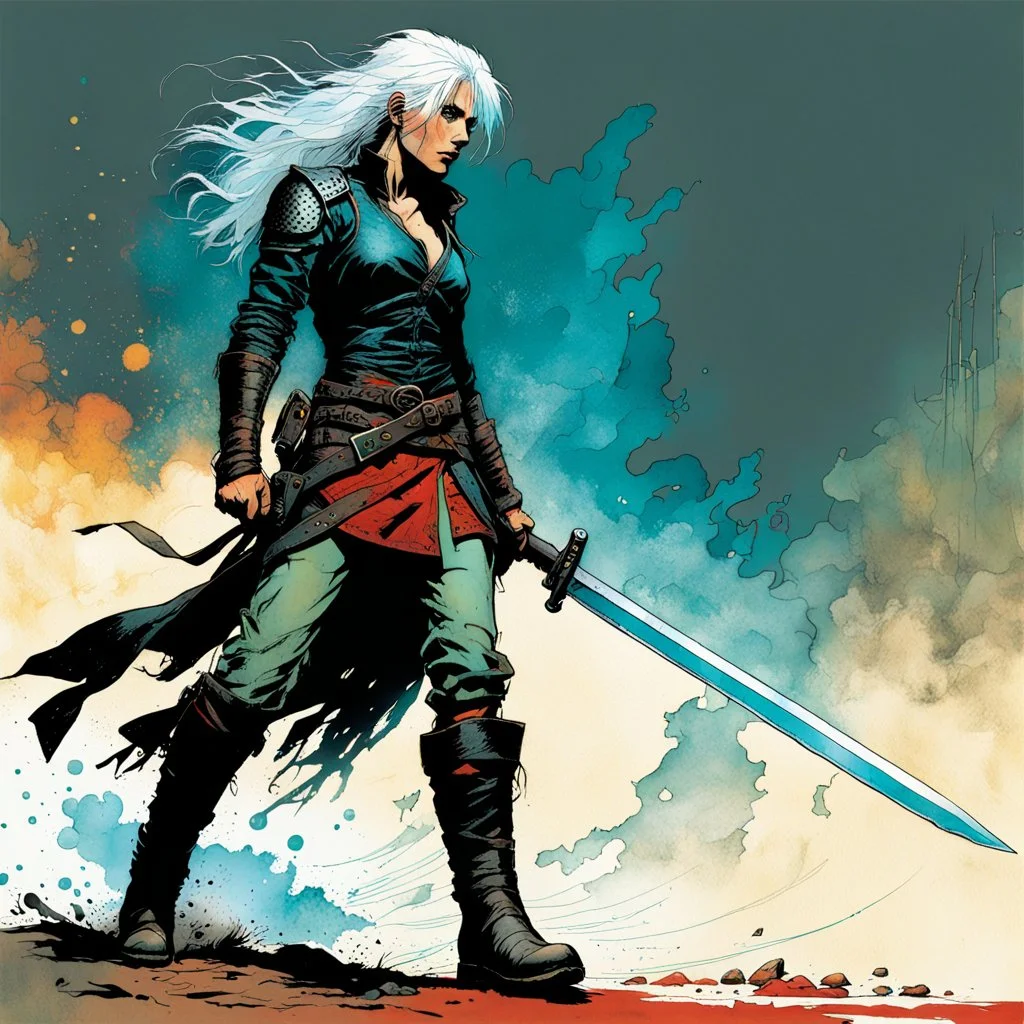 create an imaginative full body print illustration of an ethereal, otherworldly , ghost haired, female grandmaster Witcher in a tattered battle worn leather brigandine and boots , in the comic book art style of Bill Sienkiewicz, Mike Mignola, and Jean Giraud Moebius, with highly detailed feminine facial features , finely drawn, colored and inked,