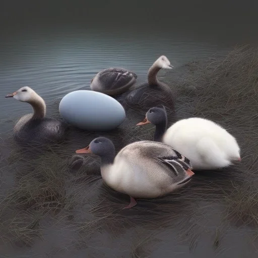 6 geese are laying eggs, digital art