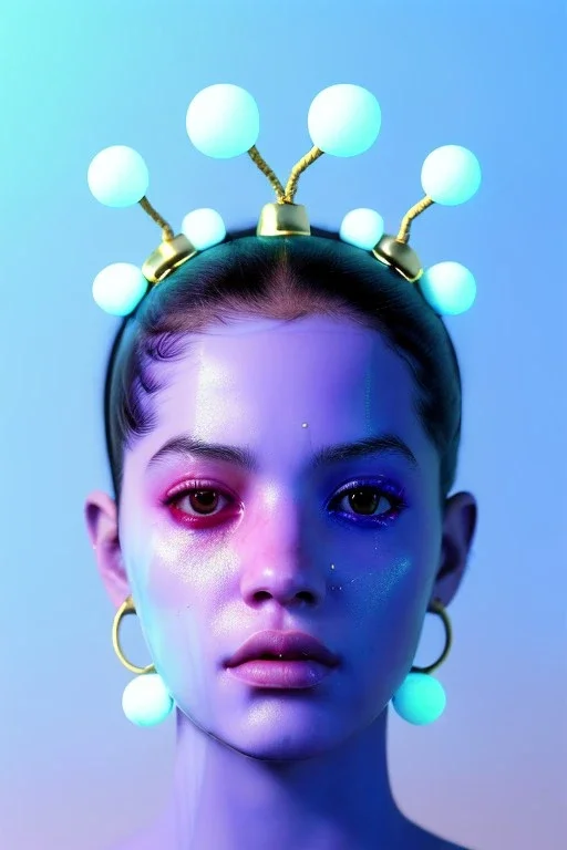 Ultra Realistic image, Rosalía artist, waist up portrait, black eye line, sweet angry face, geisha hair style, spray line make up, geometric, gold, big rings piercing, led ornament, bubble latex coat, cold, led lights, pop style, pink, blue, gold, vibrant color, highly detailed, art stations, concept art, smooth, unreal engine 5, god rays, ray tracing, RTX, lumen lighting, ultra detail, volumetric lighting, 3d, finely drawn, high definition, high resolution.