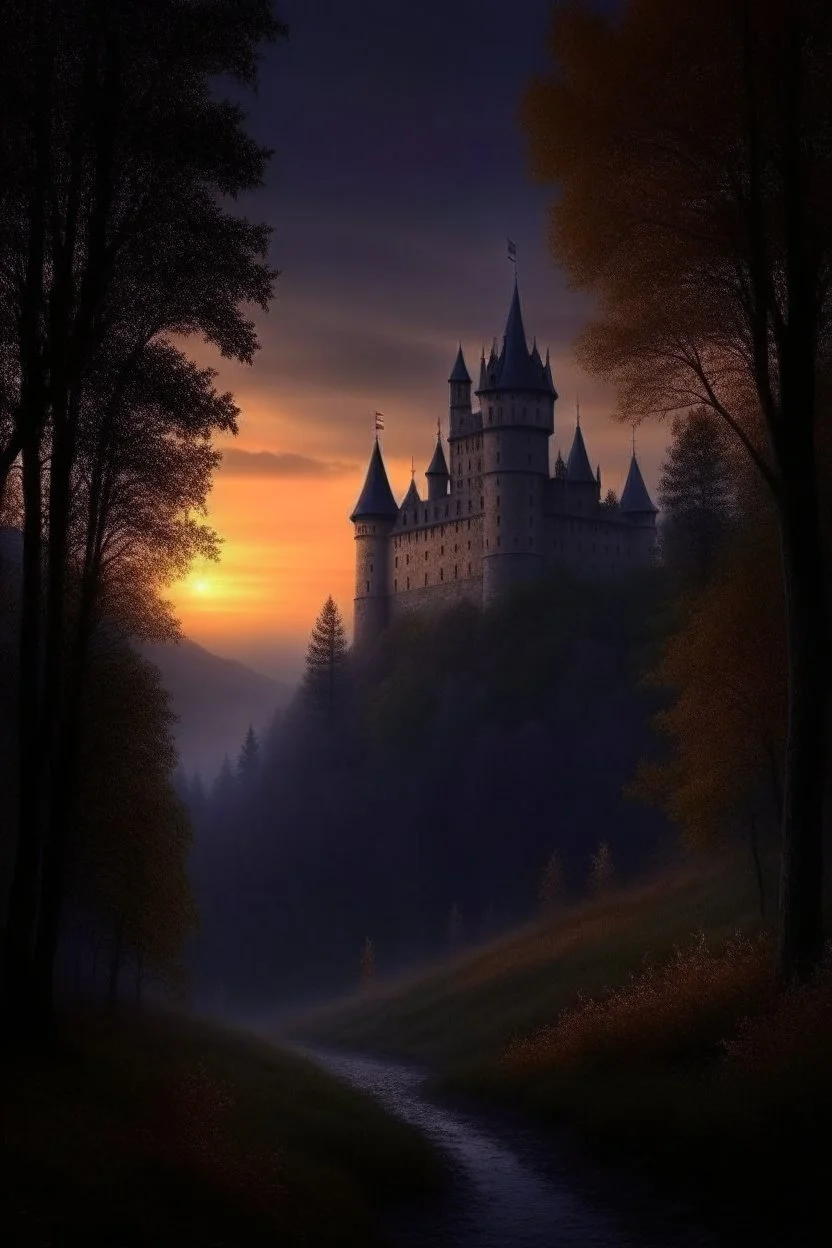 beautiful October Dusk landscape, atmospheric, depth of field, realism, focal point, Haunted Spooky Gothic castle