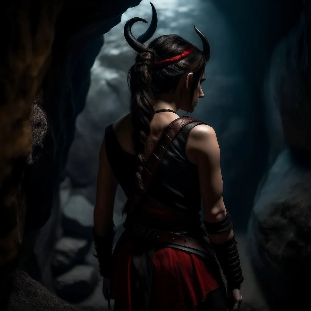 a beautiful tiefling woman with dark hair in a sleeveless battle outfit, seen from the back, at the edge of a precipice in a cave, ready to jump, photo quality, dark colors