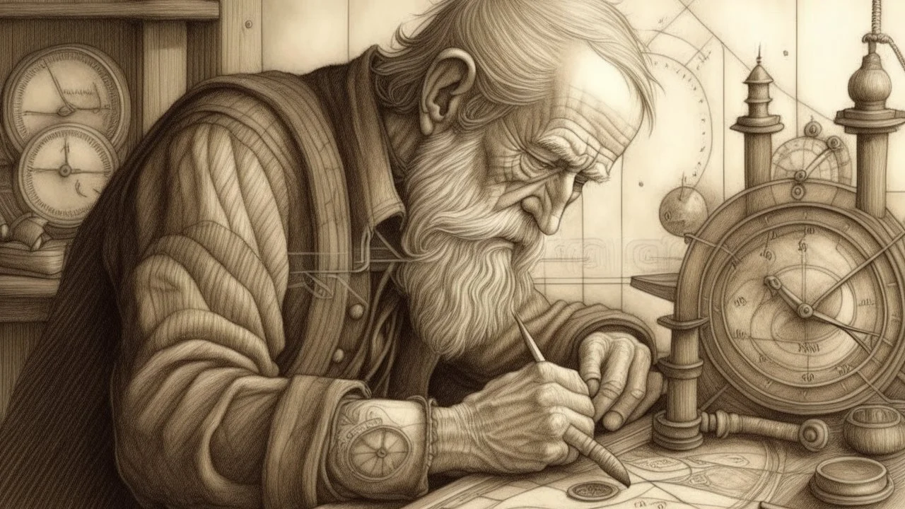 Detailed pencil drawing of an old man sitting at a workbench, fixing a clock with intricate gears and parts, realistic shading and texture, by Albrecht Dürer or Leonardo da Vinci, (close up shot), vintage feel.