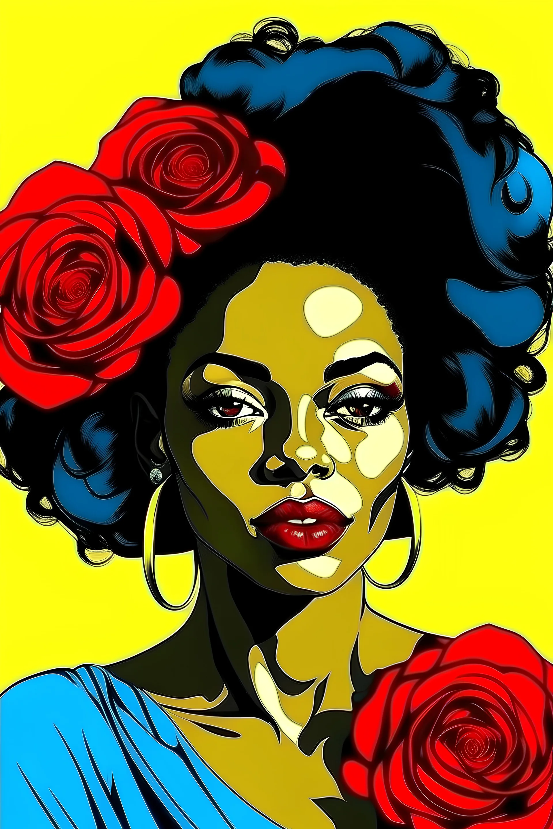 a black woman with roses on her hair cartoon pop art