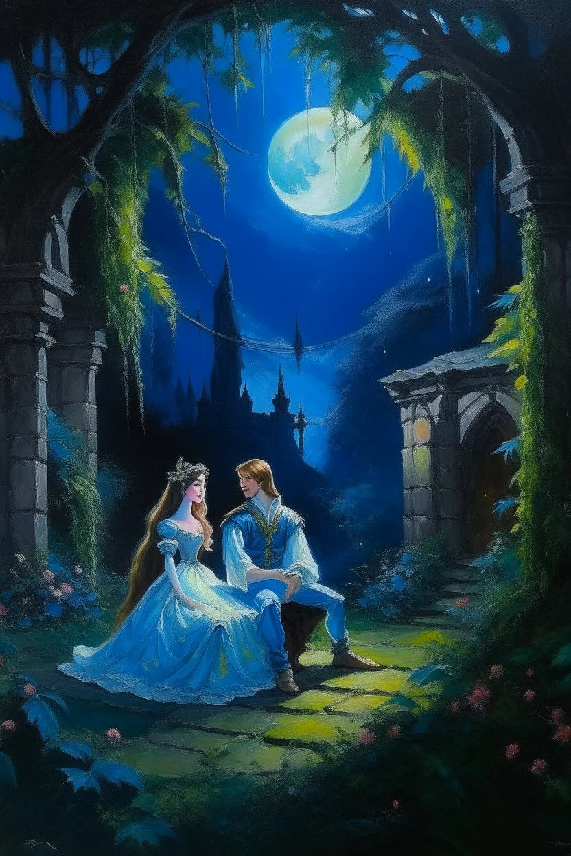 Oil painting A secret meeting between a princess and a prince in an abandoned garden in an abandoned palace under the moonlight