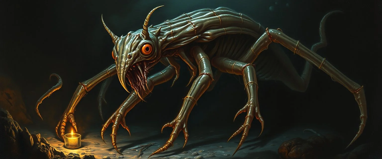 master oil painting by Rembrandt, good afternoon gremlin hydraulic Fathomlurker in London "An abyssal creature with translucent skin revealing writhing organs, many spindly legs and elongated fingers, eyes like lanterns scattered across its body, tentacles that ripple silently, lurking in black depths, almost invisible, emitting an eerie blue glow."