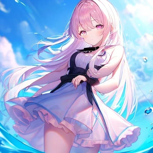 Clear focus,High resolution, Blue long hair, Light pink eyes,Wearing a pink short skirt,wearing a black collar,Looking away from the viewer, Blurry floating water