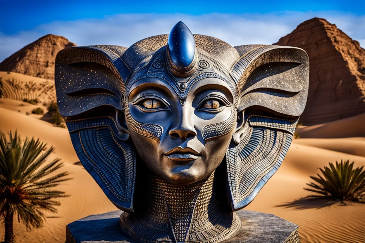 stunning cate-alien face sphinx statue made of granit in the desert, fantasy, deep colors, high detalied, sharp focus, stars on the sky, surrealistic, sci-fi mood