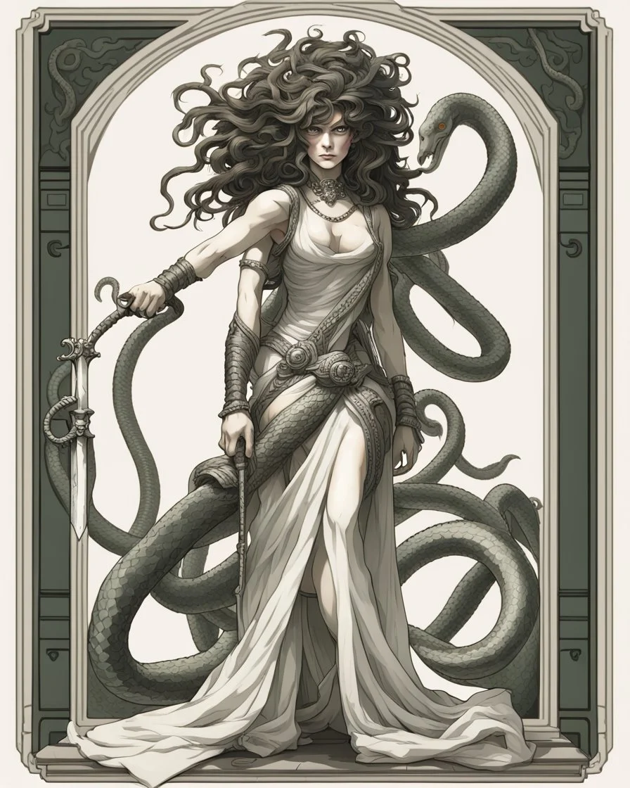 full-length, detailed persona, sword in hand, gorgon medusa, from the back, half-turn, full-length, leans on one leg, snakes on the head instead of hair