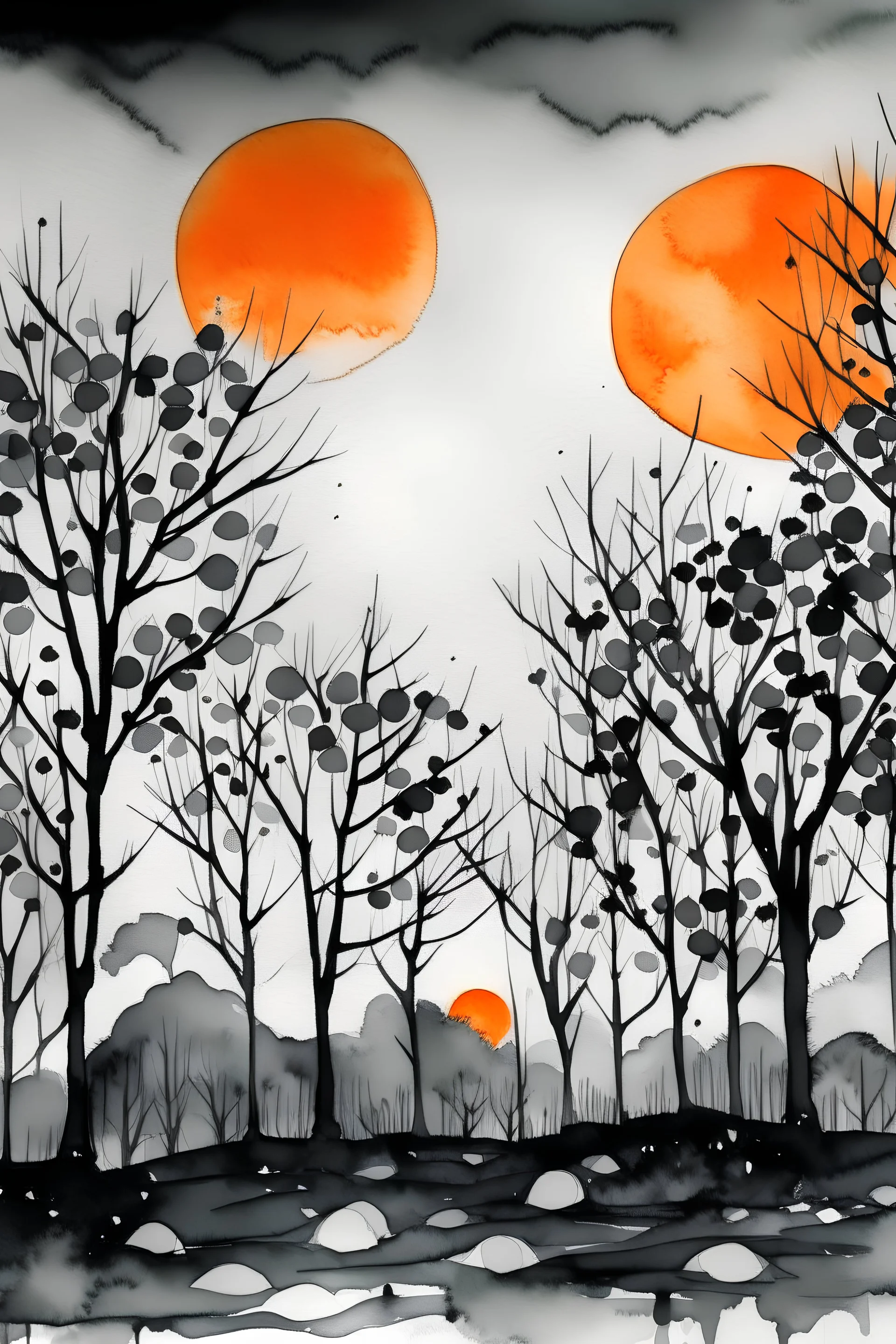 Watercolor black and white far away trees with orange oranges