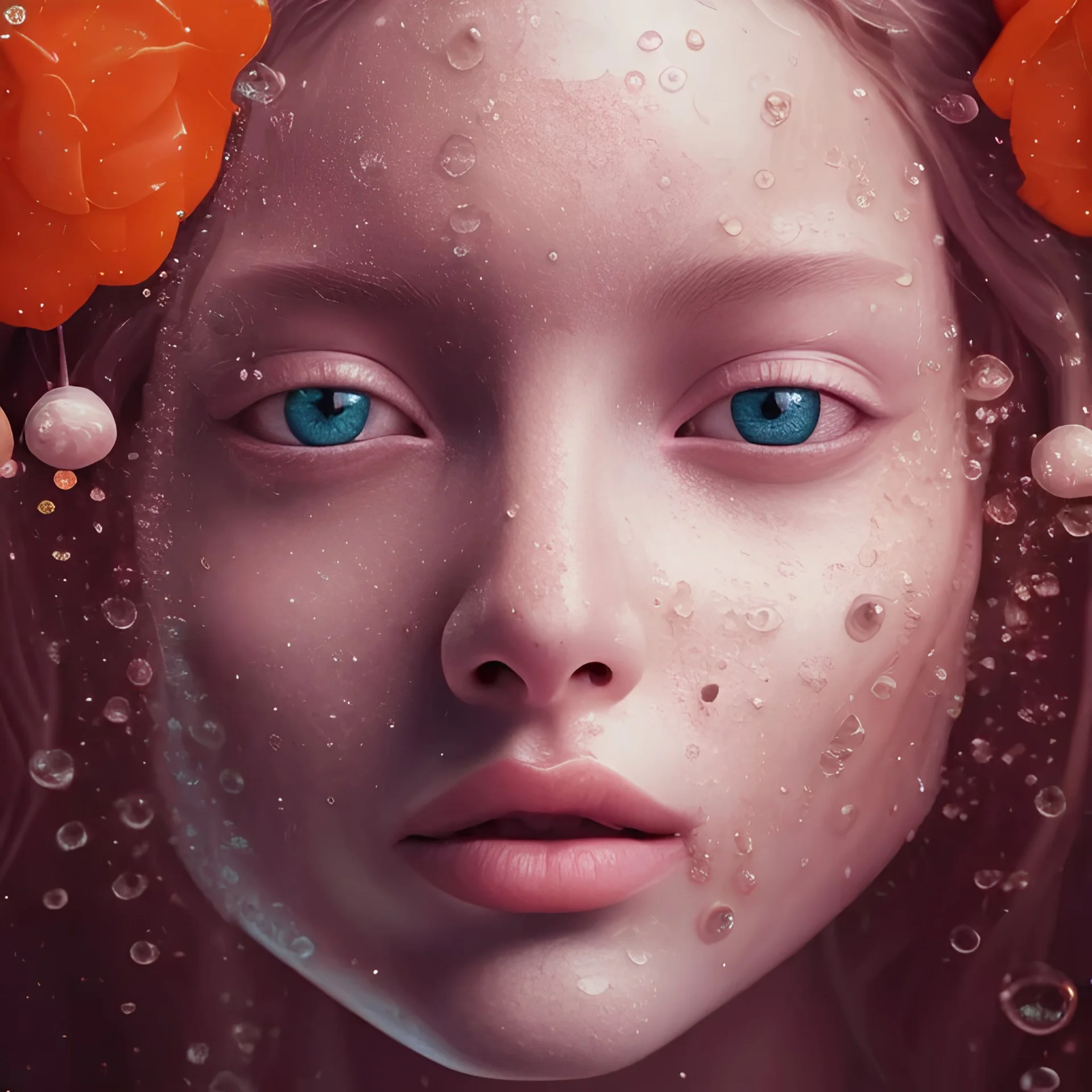 The orange girl Kodak Portra 400, 8K,ARTSTATION, Caroline Gariba, soft light, volumetric lighting, highly detailed, britt marling style 3/4 , portrait photography of a Dorian Electra hiding in flowers, face is under water Pamukkale, raining, Realistic, Refined, Highly Detailed, interstellar outdoor soft pastel lighting colors scheme, outdoor fine photography, Hyper realistic, photo realistic