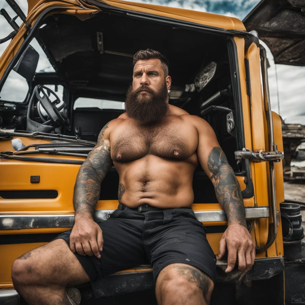 photography of a burly truck beefy driver at rest in truck, inside cab, shirtless, with short shorts, sweaty, massive with tattoos and short beard, Romanian, muscular, male chest, big tights, frontal view, seen from below