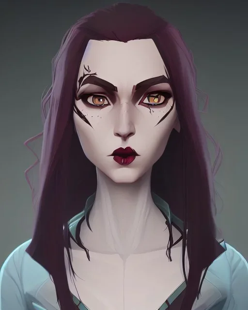 woman vampire, pale skin, brown long hair, galaxy cloak, blue eyes, very red lips, prominent cheek bones, slightly gaint face