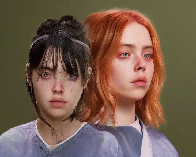 ying in the bathroom, photorealistic illustration, Billie Eilish