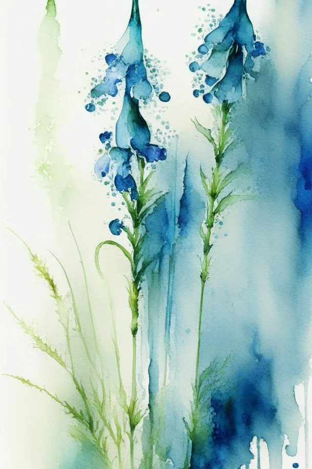 Abstract wet watercolour, blue green stalks delphiniums, centered