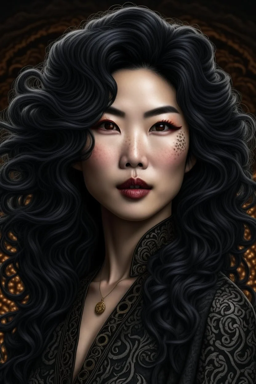 /image prompt:portrait of a mature asian goth woman with wavy black hair, fantasy style, realistic style, highly intrictae details, high quality, 8k