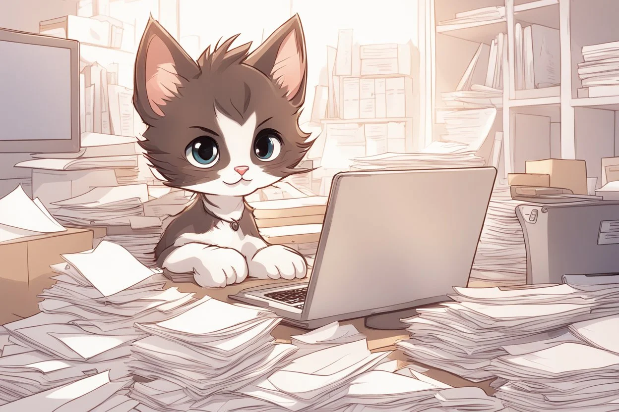 Cute fluffy chibi pixar brunette kitten working very hard at a desk, surrounded by lots of paper, computers and paper boxes, in the sunlight.