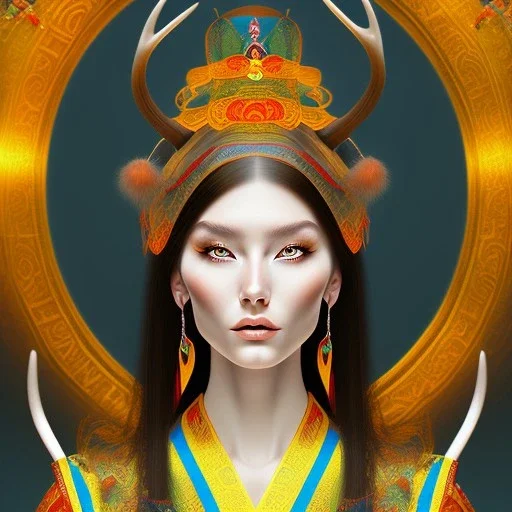 Mongol Goddess with antlers, portrait, detailed