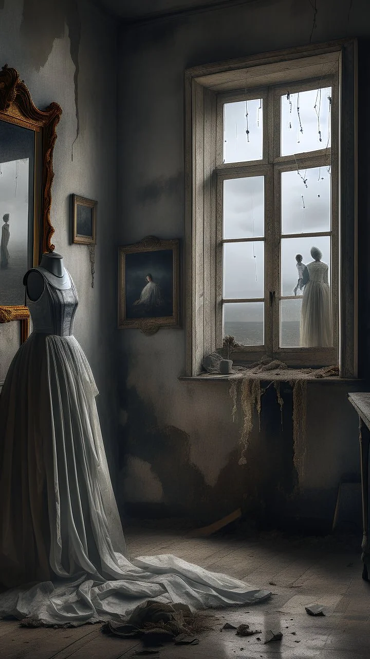 An old dusty wedding dress hanging on the wall by a broken a big mirror on the wall of an abandoned room , stormy foggy sky in the from the window in the background, Bosch painting style, sad and tragic and dark scenes