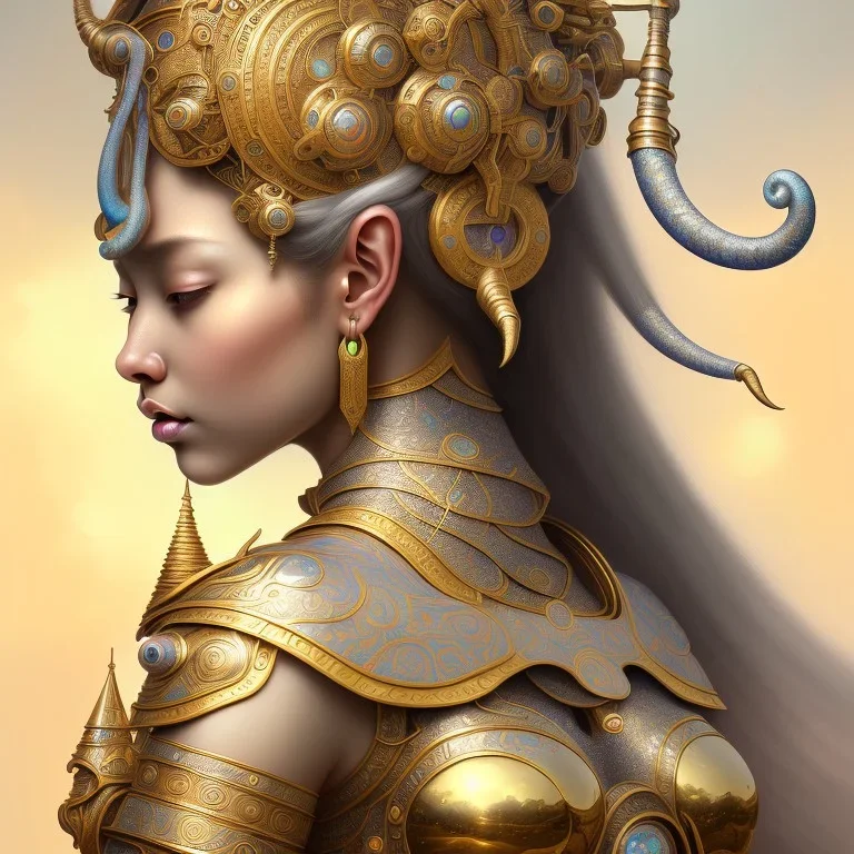 Sango fantasy, fantasy magic, intricate, sharp focus, illustration, highly detailed, digital painting, concept art, matte, art germ and Paul Lewin and Kehinde Wiley, masterpiece silver elephant head bronze Buddha Asian African girl nice breast Hawaiian hair turquoise golden waves