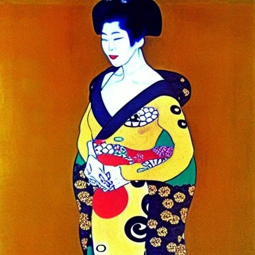 Retrato de cuerpo entero de una Geisha bella vestida estilo de Gustav Klimt