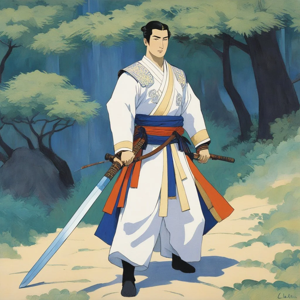 a naive painting of a paladin in linen tunic, he holds a katana in Kasumi-no-Kamae stance, thick lines, large areas of flat color, la ligne claire by Kupka