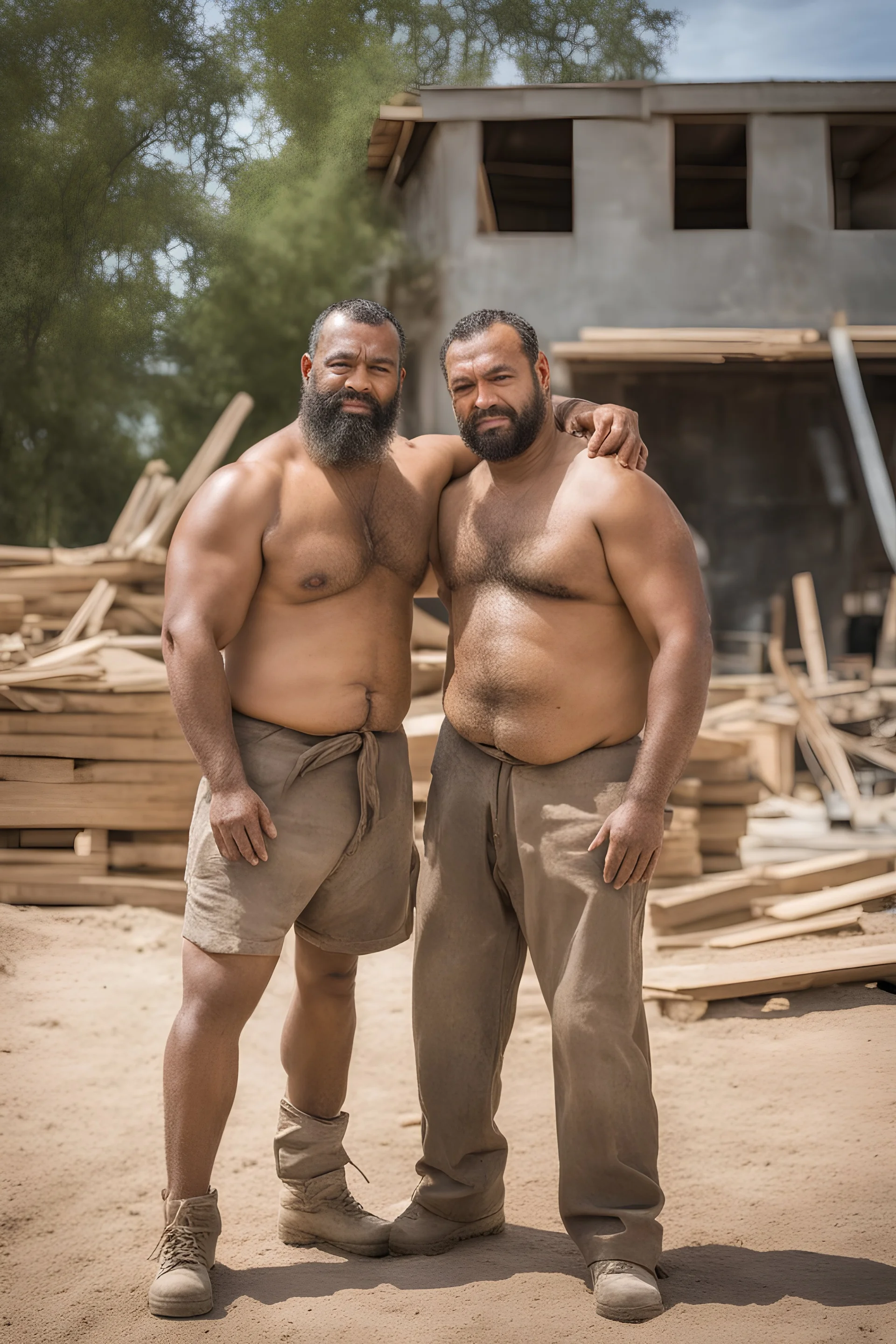 half figure shot photography of TWO ugly 39 year old stocky big chubby robust burly marocan carpenters close embraced, dirty, boxer, shirtless, chest, serious, very virile, short beard, long hair , in a sunny construction work area, photorealistic , photorealistic