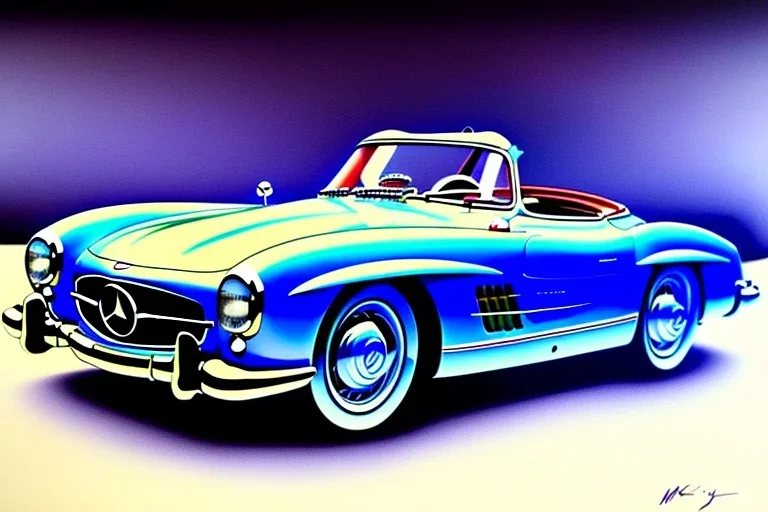 a true-to-life 1956 mercedes benz 300 sl roadster, centered, intricate, extreme detailed, photorealism, center view, city background, pivot on mercedes, pen and color marker painting by cheryl kelley