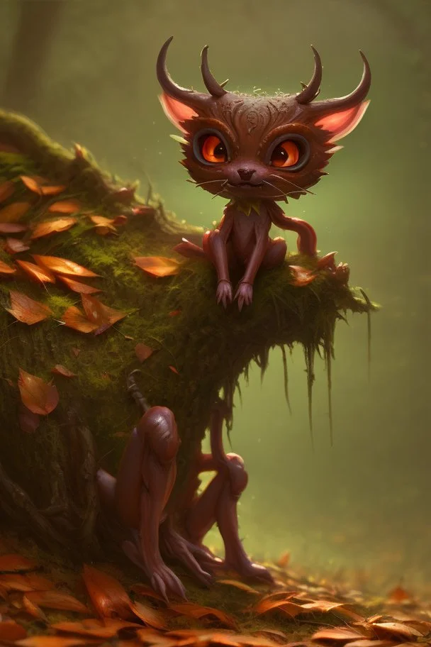 cute tiny forest demon sitting on a fallen leaf, intricately detailed, photorealistic, oil on canvas, trending on art station, high definition, hdr, cute, beautiful in sunshine