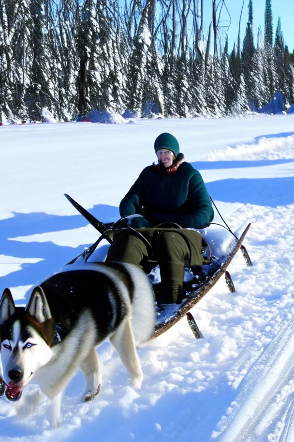 Matthew y Margaret se encuentran en un trineo tirado por un husky mientras viajan por un paisaje nevado. Se ven emocionados y un poco asustados