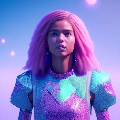 A portrait of a crystalised girl,smiling, longs hairs, atmospheric, realistic, cinematic lighting, octane render, pink turquoise light, 8k, , galactic atmosphere