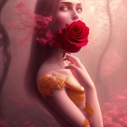 red rose beautiful girl,utra realistic,highly detailed, gold, pink, jewels, lace, masterpiece, delicate detailed, sharp focus, insanely detailed, fantasy art, intricate detailed, elegant, fog, Special Lighting, Vibrant, color Scheme, forest, unreal engine 5, trending on artstation