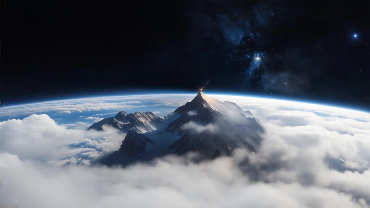a fog planet's atmosphere is pierced by a single sharp mountain peak. a curved horizon separates the starry space. a single spark of light at the tip of the mountain's peak