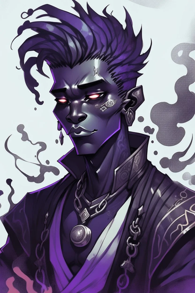 Male Air genasi fra d&d with black skin smoke some hair an Asian skin ghostly appearance with a Smokey undertone