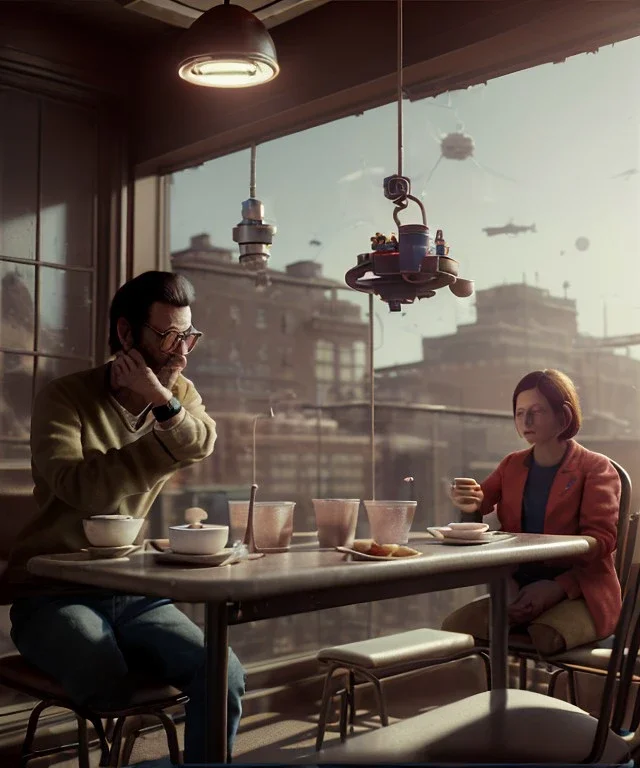 Realistic scene, American shot view, 0 gravity, levitating man and woman sitting in cafeteria and having breakfast, Wes Anderson, fly, floating, soft color, highly detailed, unreal engine 5, ray tracing, RTX, lumen lighting, ultra detail, volumetric lighting, 3d, finely drawn, high definition, high resolution.