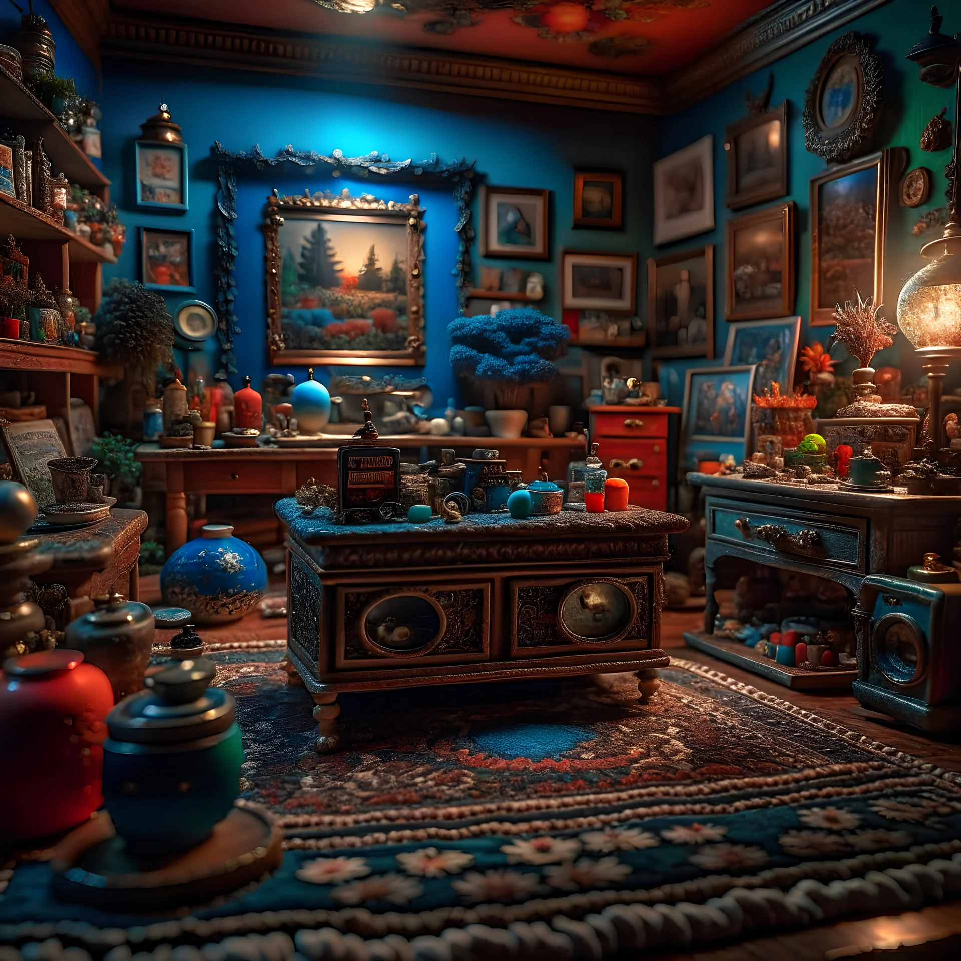 Diorama of old stuff in a room, sharp focus, 8k, 3d, very detailed, volumetric light, grim, fine art, very colorful, ornate, 35mm, F/2.8, insanely detailed and intricate, hypermaximalist, super detailed, decadent, tiltshift