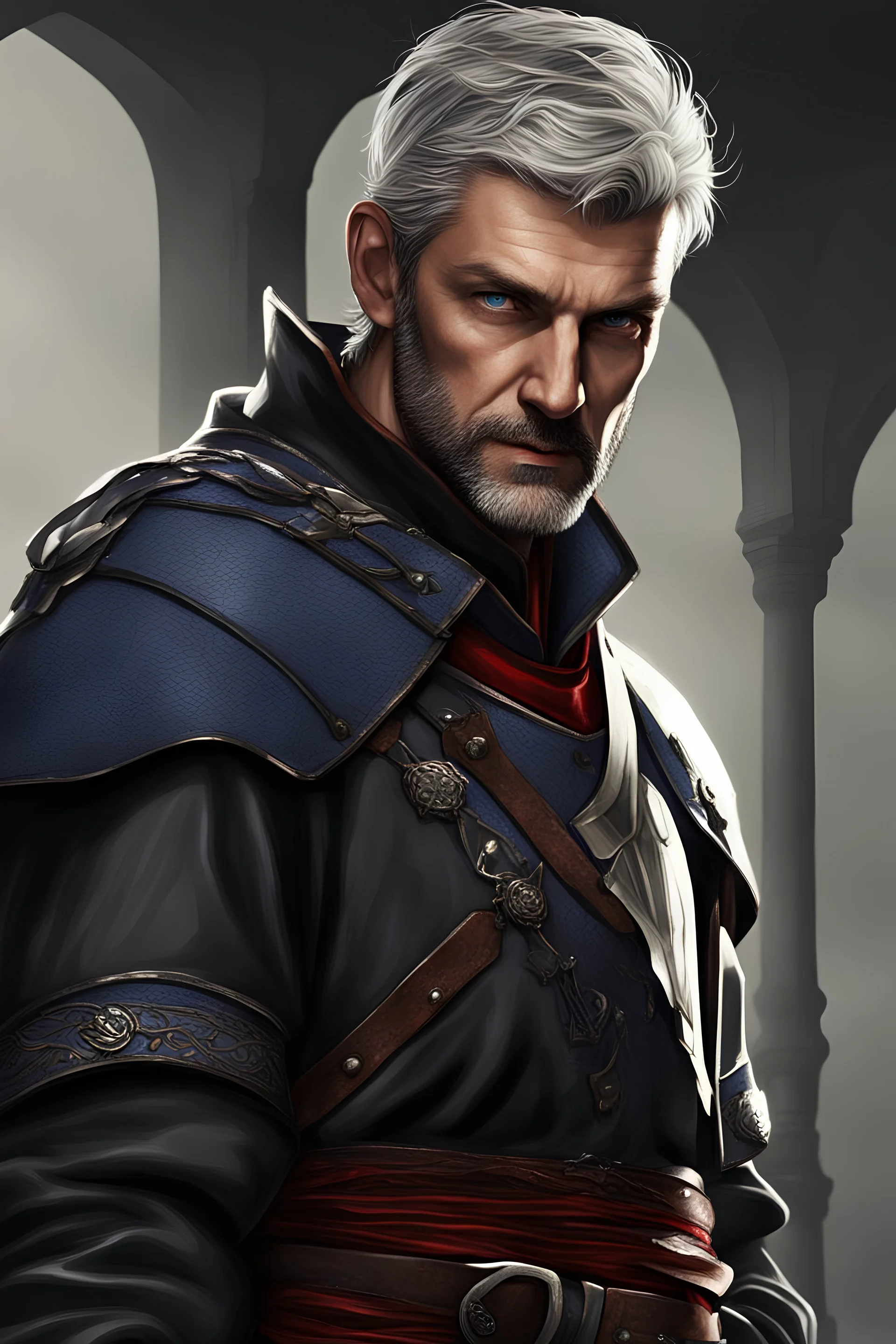 {{Man}}, Male, Olive Skin Tone, Short Hair, Silver Hair, Adult, Ray Stevenson, {{Blue Eyes}}, Black/red Leather Medieval Attire, Digital Art