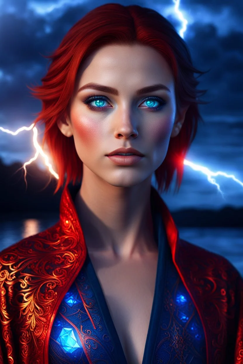 detailed blue eyes, female half elf, red sleek short lob hairstyle, detailed glowing ornamental magical pattern robe, glowing gem crackling with lightning implanted on robe, 8k, high detail, lake background, midnight, facing viewer, front facing