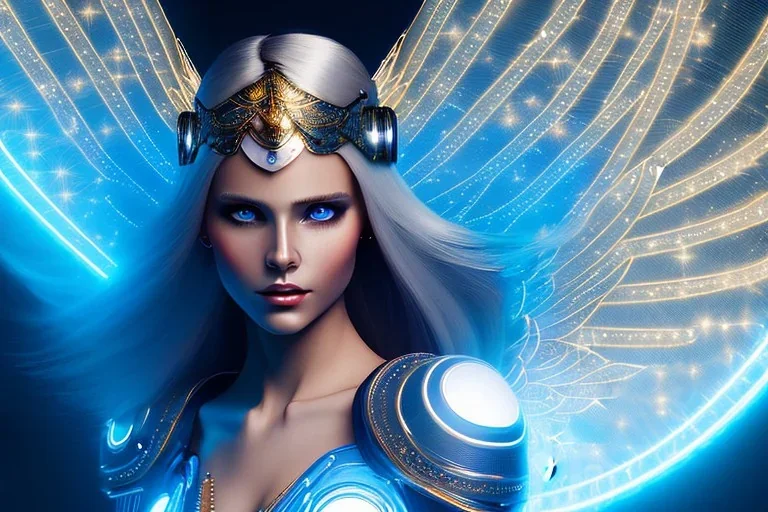 A beautiful portrait of a cute smiling cyber woman with wings, long blond platinum hair, luminous blue eyes, high key lighting, volumetric light high details with blue and white stripes white luminous celtic paterns, beam starry background