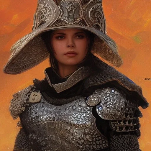 portrait,"Insanely detailed photograph of an armored mariachi warrior with sword", intricate chainmail charo,detailed Sombrero, intricate D20 buttons, digital painting, artstation, concept art, smooth, sharp focus, illustration, art by artgerm and greg rutkowski and alphonse mucha, 8 k