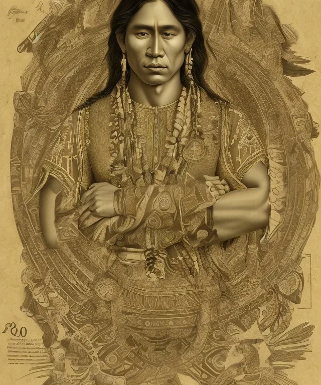 Athahualpa, native american warrior, long black hair, big muscles, pechera, big half circular from shoulder to chest fabric piece