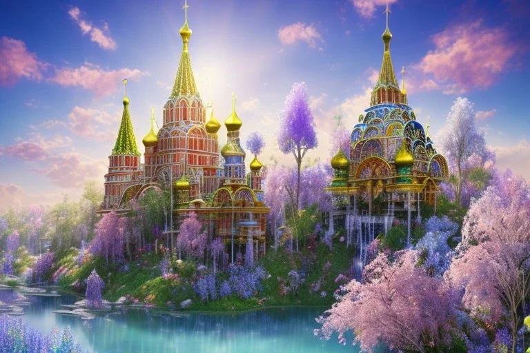 colorfull crystal russian PALACE on the mountain, sun,swanns,waterfall, BLUE LAKE, SWANNs,fuksia bugainvillier flowers, jacaranda violet trees, sky pink blue, full of details, smooth, bright sunshine，soft light atmosphere, light effect，vaporwave colorful, concept art, smooth, extremely sharp detail, finely tuned detail, ultra high definition, 8 k, unreal engine 5, ultra sharp focus