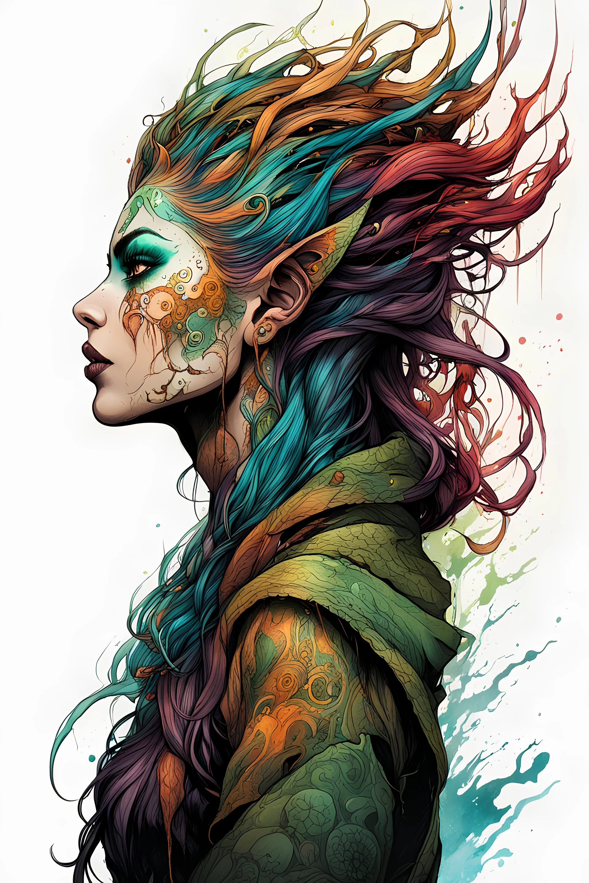 highly detailed full color, 3/4 profile concept illustration of a otherworldly female druid anti heroine character , maximalist, sharp focus, highest resolution, in the styles of Alex Pardee, Denis Forkas , and Masahiro Ito, boldly inked, 8k, coarse, gritty textures